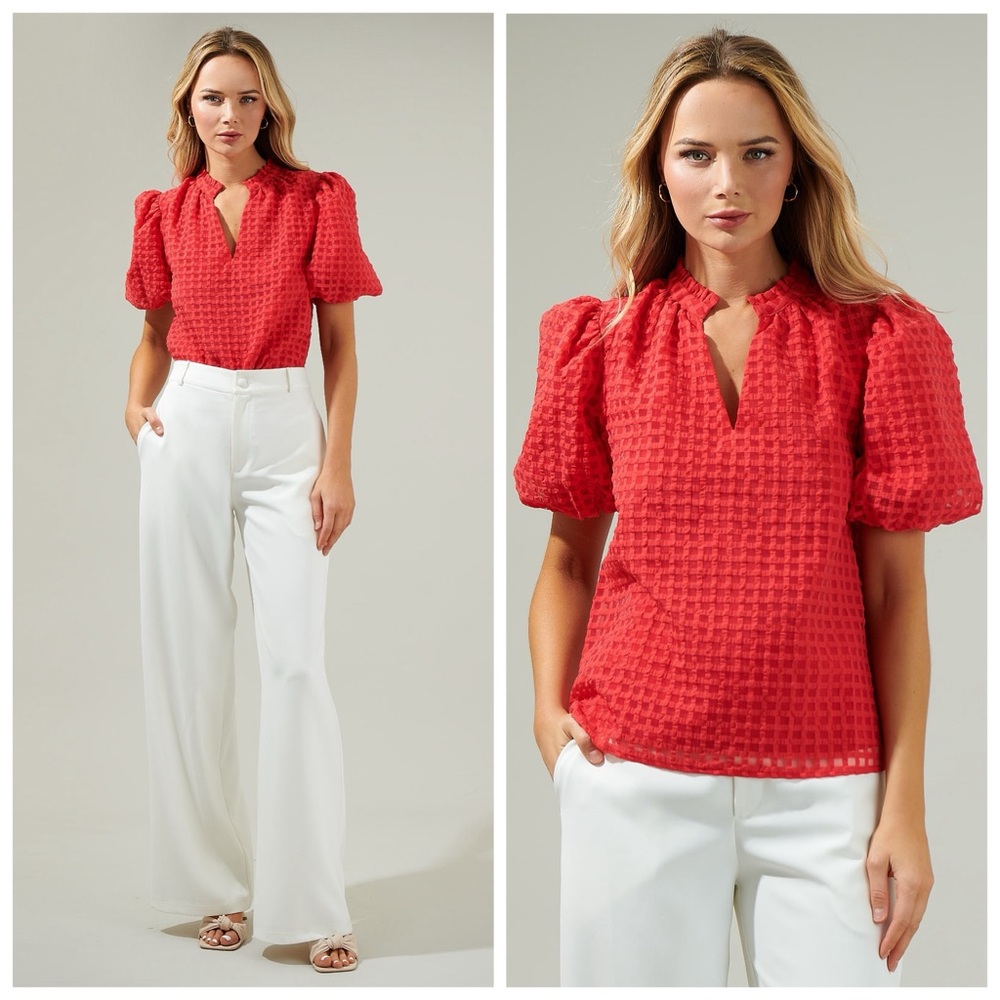 Sugarlips Gretna Organza Check Puff Sleeve Ruffle Blouse Holiday Christmas Red M